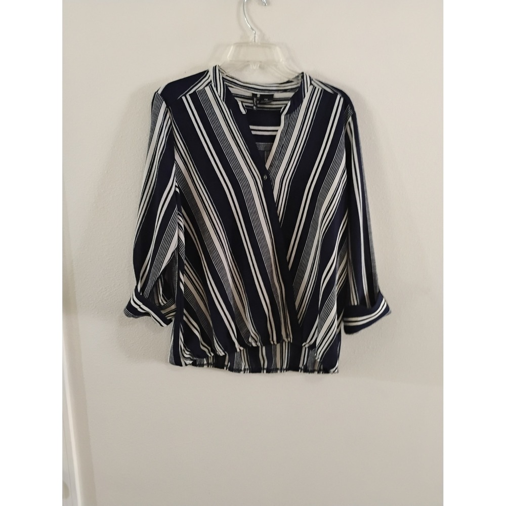New Directions Petite Navy White Striped Surplice Roll Tab Sleeve Blouse PXL